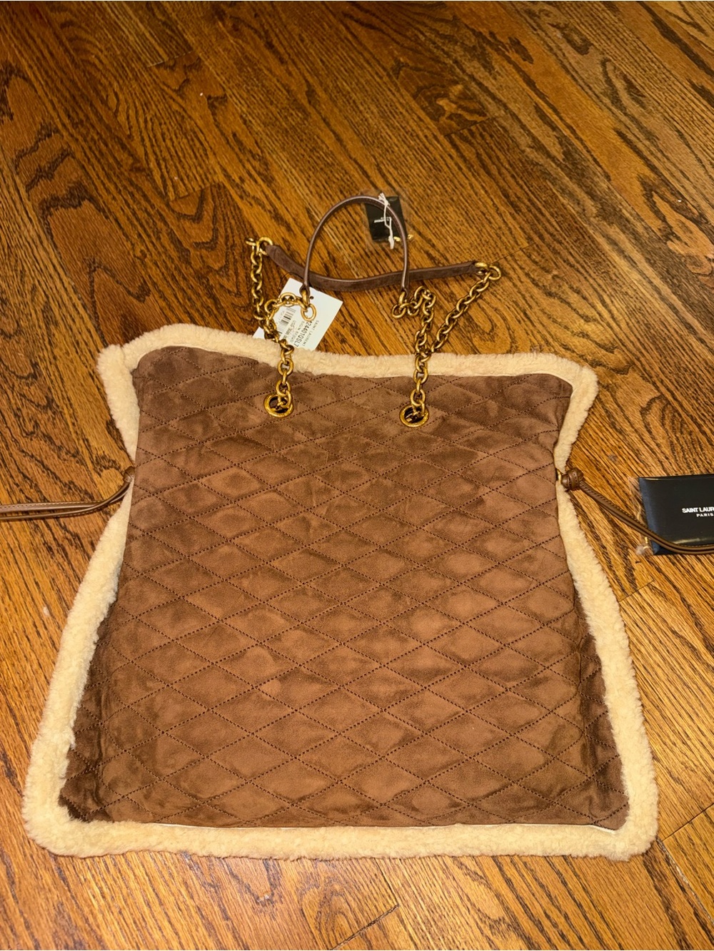 New Saint Laurent Le Pochon Genuine Shearling Trim Shoulder Bag - Picture 7 of 9